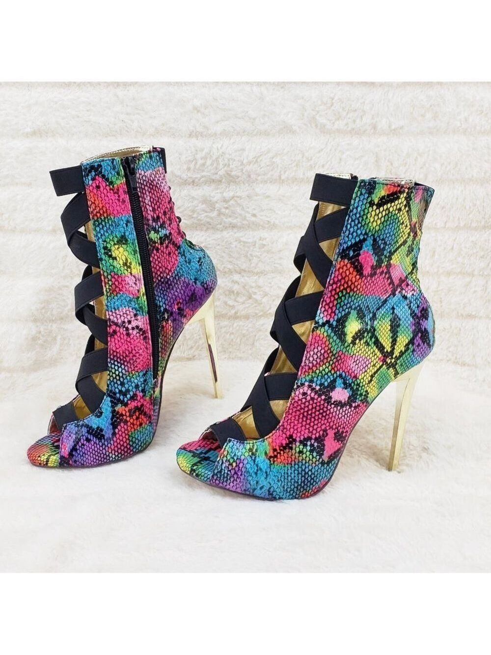 Bright Rainbow Snake Elastic Strap Gold Tone High Heel Stiletto Ankle Boots - Picture 10 of 10